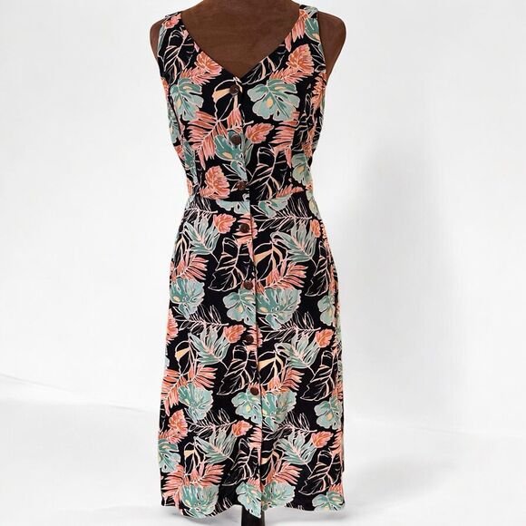 Linen Tropical Hawaiian Floral Vacation Summer Dress Sleeveless M Green Orange - Picture 3 of 11